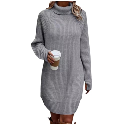 Graceyo Herbst Winter Dick Rollkragenkleid Damen, Einfarbig Rollkragen Langarm Strickkleid, Warm Langarmkleid Strickpulli Kleid, Pulloverkleid Freizeitkleid Knielang, Pullover Kleid Strick Sweater von Graceyo