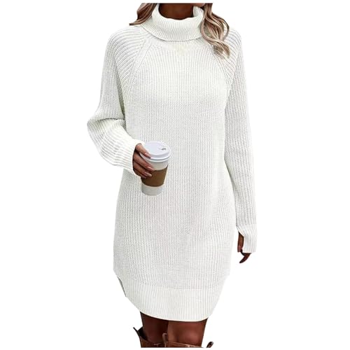 Graceyo Herbst Winter Dick Rollkragenkleid Damen, Einfarbig Rollkragen Langarm Strickkleid, Warm Langarmkleid Strickpulli Kleid, Pulloverkleid Freizeitkleid Knielang, Pullover Kleid Strick Sweater von Graceyo