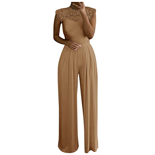 Graceyo Jumpsuit Damen, Spitze Spleißen Hochzeit Lang Weites Bein Hosen Hohe Taillen Einteiler Overall Frauen Blumenspitze Business Party Breites Hosenanzug, Braun, XXL von Graceyo