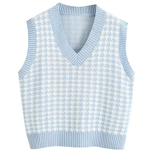 Graceyo Pullover Damen Herbst Winter Weste Casual Strickweste Sweatshirts V-Ausschnitt Vest Pullover Sweater Ärmellos Elegant Hahnentritt Karierte Strickpullover Pullunder Tank Tops, Blau, M von Graceyo