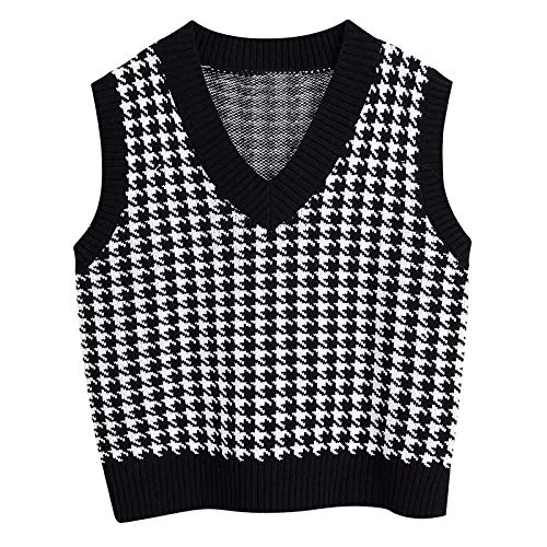 Graceyo Pullover Damen Herbst Winter Weste Casual Strickweste Sweatshirts V-Ausschnitt Vest Pullover Sweater Ärmellos Elegant Hahnentritt Karierte Strickpullover Pullunder Tank Tops von Graceyo