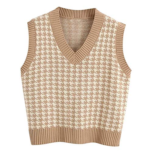 Graceyo Pullover Damen Herbst Winter Weste Casual Strickweste Sweatshirts V-Ausschnitt Vest Pullover Sweater Ärmellos Elegant Hahnentritt Karierte Strickpullover Pullunder Tank Tops von Graceyo