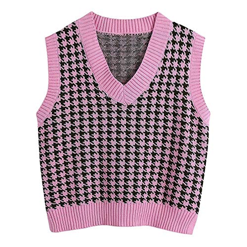 Graceyo Pullover Damen Herbst Winter Weste Casual Strickweste Sweatshirts V-Ausschnitt Vest Pullover Sweater Ärmellos Elegant Hahnentritt Karierte Strickpullover Pullunder Tank Tops von Graceyo