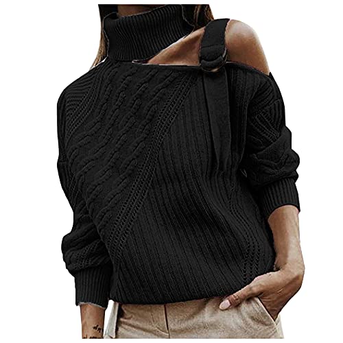Graceyo Rollkragenpullover Damen Schulterfrei Rollkragen Pullover Elegant Casual Frauen Strickpullover Pulli Langarmpullover Oversize Strickpulli Casual Oberteile Tops mit Turtleneck von Graceyo