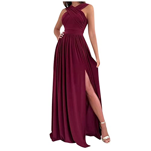 Graceyo Sommerkleid Damen Abendkleid Trägerlos Aushöhlen Neckholder Hohe Taille Maxikleid mit Schlitz Lange Kleider Cocktailkleid Abendkleider Lang Partykleid Ballkleid Festkleid, B#wine, S von Graceyo