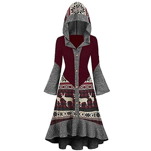 Graceyo Weihnachtskleid Damen Vintage Gothic Kleid Wickelkleid Weihnachten Drucken Rüschen Umhang Pullover Kleid Mit Kapuze Frauen Abendkleid Cocktailkleid Partykleid Festlich Kleidung von Graceyo