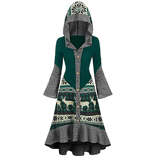 Graceyo Weihnachtskleid Damen Vintage Gothic Kleid Wickelkleid Weihnachten Drucken Rüschen Umhang Pullover Kleid Mit Kapuze Frauen Abendkleid Cocktailkleid Partykleid Festlich Kleidung von Graceyo