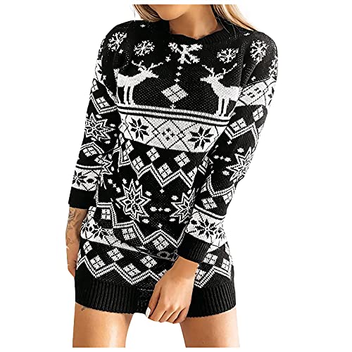 Graceyo Weihnachtskleid Knielang Damen Weihnachten Strickkleid Elegant Rentier Schneeflocken Kleider Pulloverkleid Strick Kleid Winter Langarm Partykleid Vintage Minikleid Pullikleid Winterkleid von Graceyo