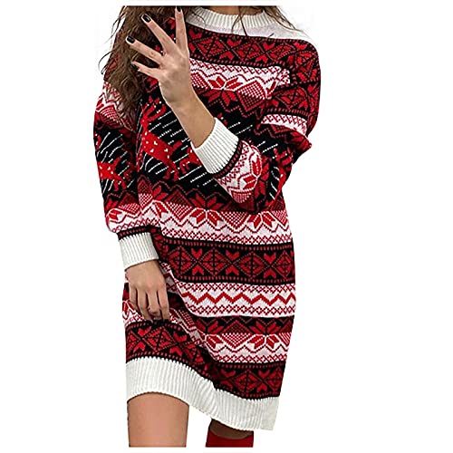 Graceyo Weihnachtskleid Knielang Damen Weihnachten Strickkleid Elegant Rentier Schneeflocken Kleider Pulloverkleid Strick Kleid Winter Langarm Partykleid Vintage Minikleid Pullikleid Winterkleid von Graceyo