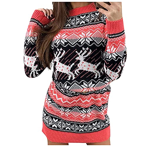 Graceyo Weihnachtskleid Knielang Damen Weihnachten Strickkleid Elegant Rentier Schneeflocken Kleider Pulloverkleid Strick Kleid Winter Langarm Partykleid Vintage Minikleid Pullikleid Winterkleid von Graceyo