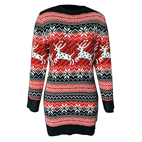 Graceyo Weihnachtskleid Knielang Damen Weihnachten Strickkleid Elegant Rentier Schneeflocken Kleider Pulloverkleid Strick Kleid Winter Langarm Partykleid Vintage Minikleid Pullikleid Winterkleid von Graceyo