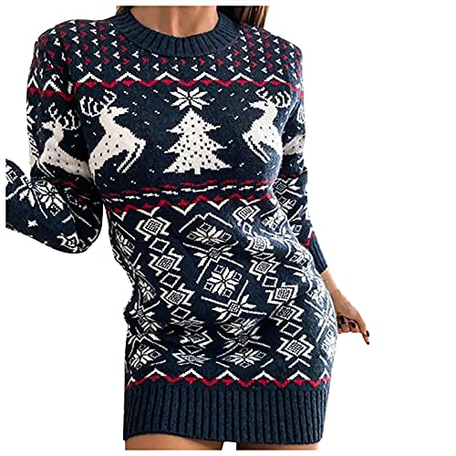 Graceyo Weihnachtskleid Knielang Damen Weihnachten Strickkleid Elegant Rentier Schneeflocken Kleider Pulloverkleid Strick Kleid Winter Langarm Partykleid Vintage Minikleid Pullikleid Winterkleid von Graceyo