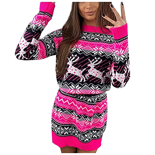 Graceyo Weihnachtskleid Knielang Damen Weihnachten Strickkleid Elegant Rentier Schneeflocken Kleider Pulloverkleid Strick Kleid Winter Langarm Partykleid Vintage Minikleid Pullikleid Winterkleid von Graceyo