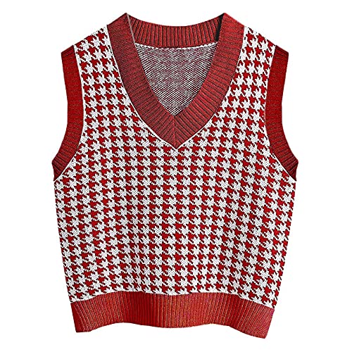 Graceyo Weste Damen Pullunder, Strick Ärmellos V-Ausschnitt Strickweste, Hahnentritt Karierte Strickpullover Vest Sweatshirts, Retro Herbst Winter Gestrickt Vest Pullover Tank Top Oberteil von Graceyo