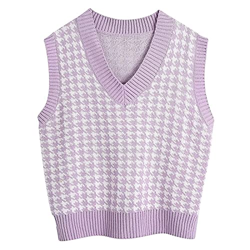 Graceyo Weste Damen Pullunder, Strick Ärmellos V-Ausschnitt Strickweste, Hahnentritt Karierte Strickpullover Vest Sweatshirts, Retro Herbst Winter Gestrickt Vest Pullover Tank Top Oberteil von Graceyo