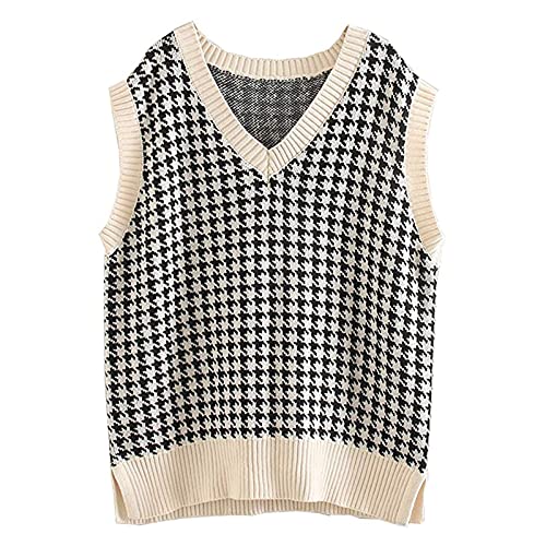 Graceyo Weste Damen Pullunder, Strick Ärmellos V-Ausschnitt Strickweste, Hahnentritt Karierte Strickpullover Vest Sweatshirts, Retro Herbst Winter Gestrickt Vest Pullover Tank Top Oberteil von Graceyo