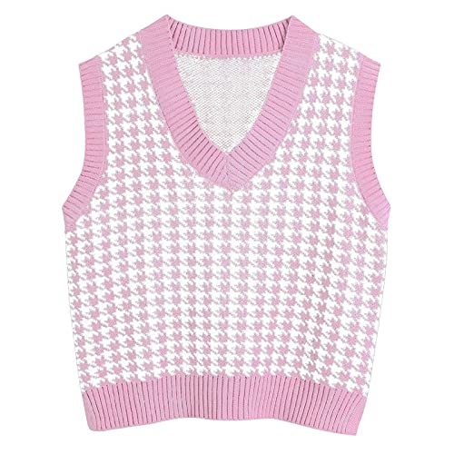Graceyo Weste Damen Pullunder, Strick Ärmellos V-Ausschnitt Strickweste, Hahnentritt Karierte Strickpullover Vest Sweatshirts, Retro Herbst Winter Gestrickt Vest Pullover Tank Top Oberteil von Graceyo