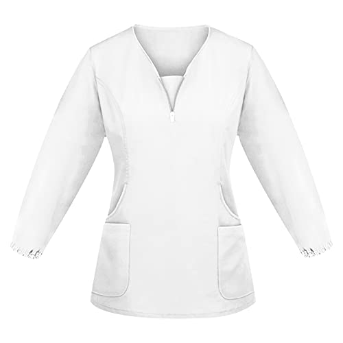 Kasacks Damen Pflege, Einfarbig Schlupfkasack T-Shirt Kurzarm V-Ausschnitt Schlupfhemd Berufskleidung Krankenpfleger Uniformen Nurse Kasack Pflegeuniform mit Taschen und Reißverschluss von Graceyo