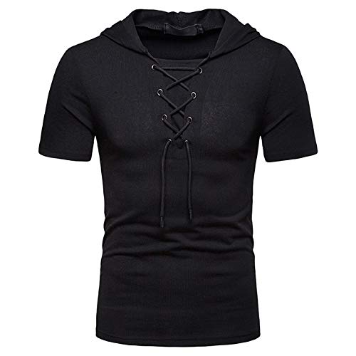 T-Shirt Herren mit Schnürung Kurzarm Hemd mit Kapuze Sommer Muscle Shirt Mittelalter Retro Regular Fit T Shirt Arbeitsshirt Freizeithemd Sport Casual Sommershirt Fisherman Sommerhemd Shirt von Graceyo