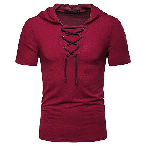 T-Shirt Herren mit Schnürung Kurzarm Hemd mit Kapuze Sommer Muscle Shirt Mittelalter Retro Regular Fit T Shirt Arbeitsshirt Freizeithemd Sport Casual Sommershirt Fisherman Sommerhemd Shirt von Graceyo