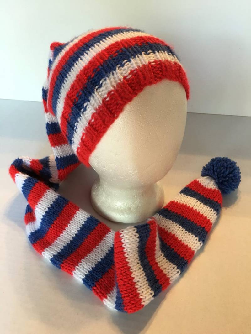 Zipfelmütze Handgestrickt Rot Weiß Blau Super Weiche 43 Zoll Lang von GraciLuS