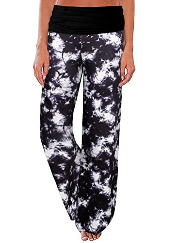 Gracyoga Damen Bequeme Pyjamahose Weites Bein Lounge Palazzo Yogahose Stretch Casual Floral Print Fold Waist Pants, grau, Groß von Gracyoga
