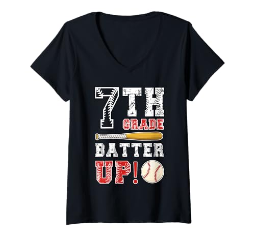 Damen Siebte Klasse, zurück zur Schule, 7. Klasse, Batter Up Baseball T-Shirt mit V-Ausschnitt Damen Siebte Klasse, zurück zur Schule, 7. Klasse, Batter Up Baseball T-Shirt mit V-Ausschnitt von Grade Family Back To School Baseball Boys Kids