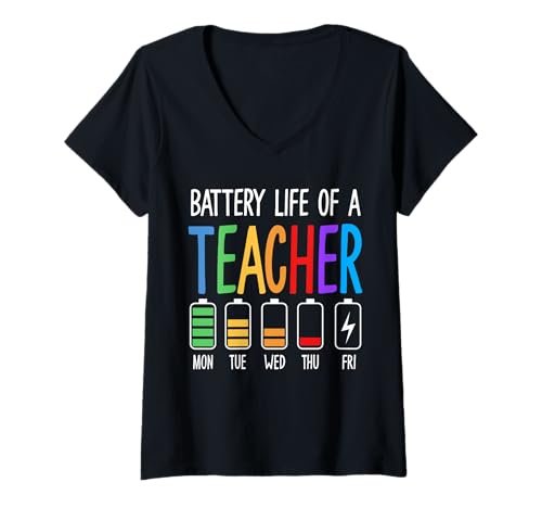 Damen Batterielebensdauer eines Lehrers Lustige Lehrerwoche Energieniveaus T-Shirt mit V-Ausschnitt Damen Batterielebensdauer eines Lehrers Lustige Lehrerwoche Energieniveaus T-Shirt mit V-Ausschnitt von Graded and Fitted Merch
