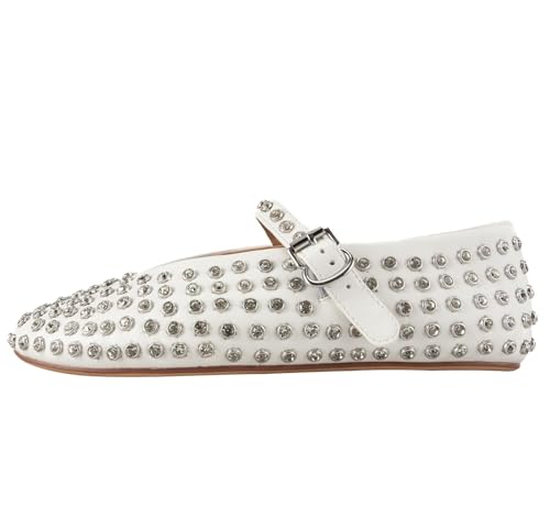 Gradinery Mary Jane Ballerinas mit Strasssteinen besetzt, Schnallenriemen, glitzernd, lässiges Kleid, Ballerina-Schuhe, Strass weiß, 42 EU von Gradinery
