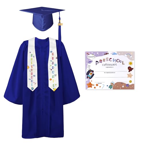 GraduatePro Kinder Abschluss Kappe und Talar Schal 2025 Vorschule Abschluss Gold Quasten Zertifikat Anzug Königsblau 27 von GraduatePro
