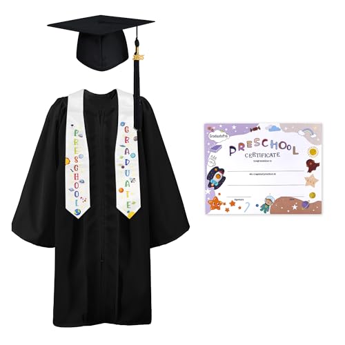 GraduatePro Kinder Abschluss Kappe und Talar Schal 2025 Vorschule Abschluss Gold Quasten Zertifikat Anzug Schwarz 27 von GraduatePro