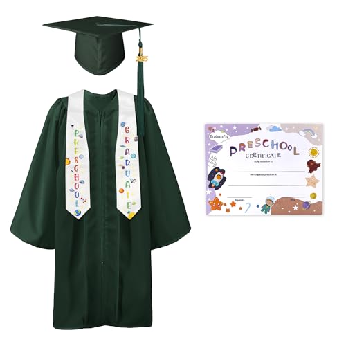 GraduatePro Kinder Abschluss Kappe und Talar Schal 2025 Vorschule Abschluss Gold Quasten Zertifikat Anzug Waldgrün 27 von GraduatePro