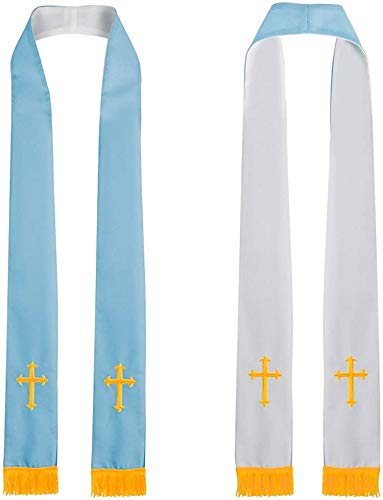 GraduatePro Klerus Stola Reversible mit Corss Figur Stickerei Quasten 229cm Unisex Chor Priester Blau Weiß von GraduatePro