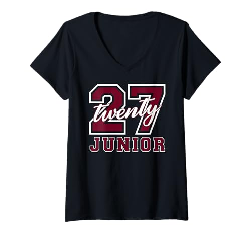 Damen Junior Class 2027 Graduation Back to School Burgunderrote Buchstaben T-Shirt mit V-Ausschnitt Damen Junior Class 2027 Graduation Back to School Burgunderrote Buchstaben T-Shirt mit V-Ausschnitt von Graduation Sports Varsity 10th Grade Junior Gifts