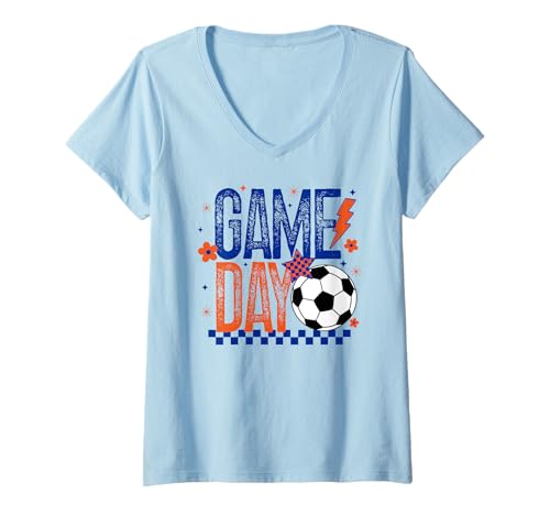 Damen Game Day Soccer Season Retro-Touchdown, blau, orange, kariert T-Shirt mit V-Ausschnitt Damen Game Day Soccer Season Retro-Touchdown, blau, orange, kariert T-Shirt mit V-Ausschnitt von Graduation T-Shirt Co.