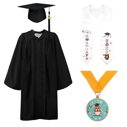 GraduationMall 2025 Kinder Abschluss Talar mit Doktorhut Kindergarten Stola Bär Medaille Package Abschlussgeschenk Schwarz M(115-122cm) von GraduationMall