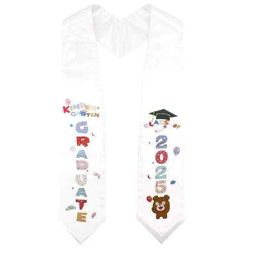 GraduationMall Class of 2025 Glänzend Kindergarten Abschlussstola für Kinder Bärendruck Abschlussschärpe 127cm lang Weiß von GraduationMall