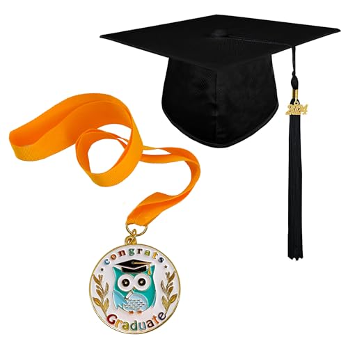 GraduationMall Glänzend Doktorhut für Kinder Graduierungsmedaille Abschluss Hut mit Quaste Jahr Charme 2024 Vorschule Kindergarten Schwarz von GraduationMall