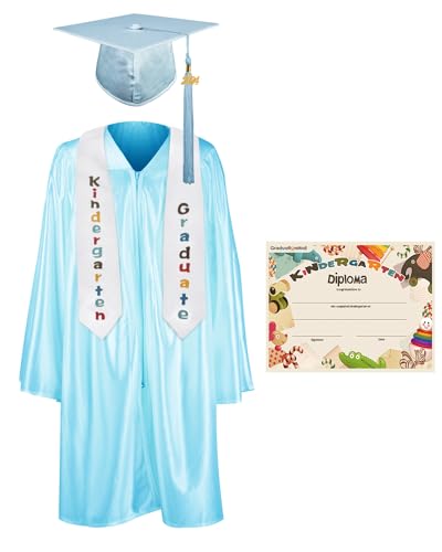 GraduationMall Kinder Abschluss Talar mit Doktorhut 2024, Abschluss Stola, Zertifikat Für Vorschule Abschlussfeier Himmelblau 27(107-114cm) von GraduationMall