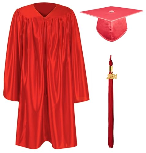 GraduationMall Kinder Akademischer Abschluss Talar mit Doktorhut und Quaste 2024 Für Vorschule Abschlussfeier Rot 33(123-130cm) von GraduationMall