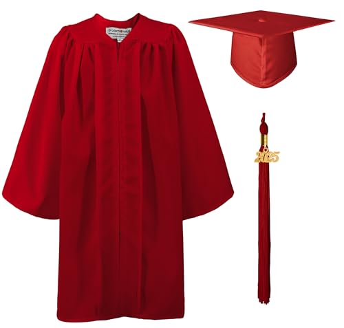 GraduationMall Matt 2025 Kinder Abschluss Akademischer Talar Doktorhut und Quaste Für Vorschule Abschlussfeier Rot 30(115-122cm) von GraduationMall