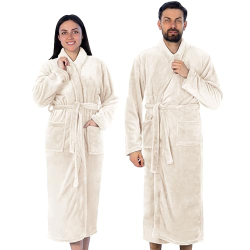 Gräfenstayn® Damen & Herren Kuschelfleece Bademantel ohne Kapuze mit Öko-Tex Standard 100 in Größe S-XXXL (L, Creme) von Gräfenstayn