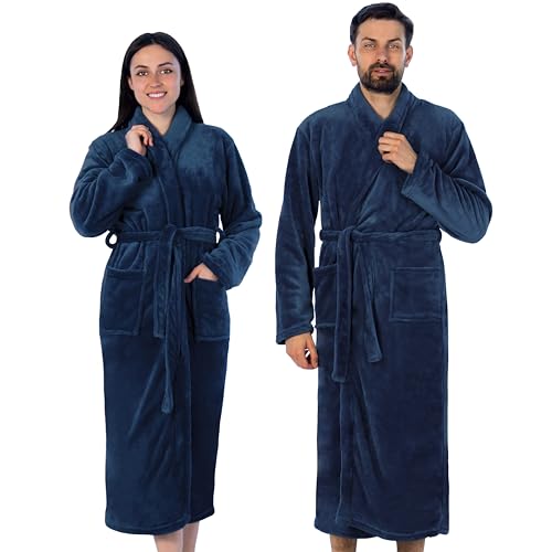 Gräfenstayn® Damen & Herren Kuschelfleece Bademantel ohne Kapuze mit Öko-Tex Standard 100 in Größe S-XXXL (M, Blau) von Gräfenstayn