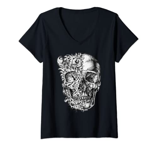 Damen Calavera schwarzer Schädel Totenkopf Herren Damen T-shirt T-Shirt mit V-Ausschnitt von Graffiti, Tattoo, Street Art, Kunst, Straße Design