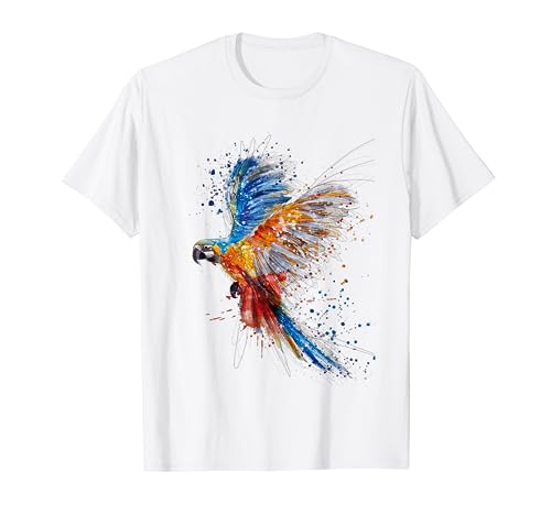 Graffiti T-Shirt Papagei Ara Vogel Wasserfarben Männer Frauen T-Shirt S Weiß Kurzarm Klassische Passform Rundhals-Ausschnitt Street Art Design und gemischtes Gewebe von Graffiti, Tattoo, Street Art, Kunst, Straße Design