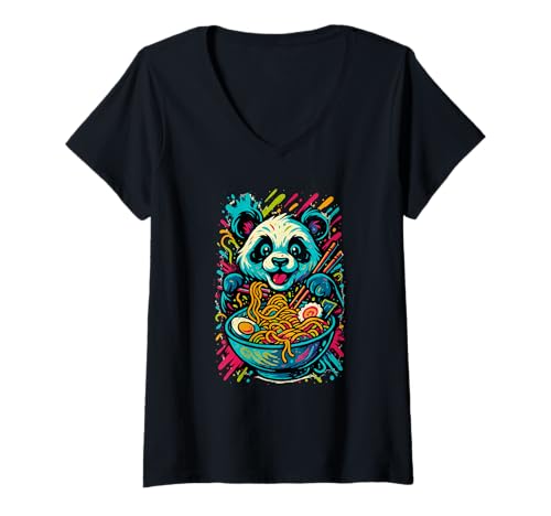 Damen Graffiti Panda Ramen Lustiges Japanisches Essen T-Shirt mit V-Ausschnitt Damen Graffiti Panda Ramen Lustiges Japanisches Essen T-Shirt mit V-Ausschnitt von Graffiti Panda Ramen Art Food Culture Apparel