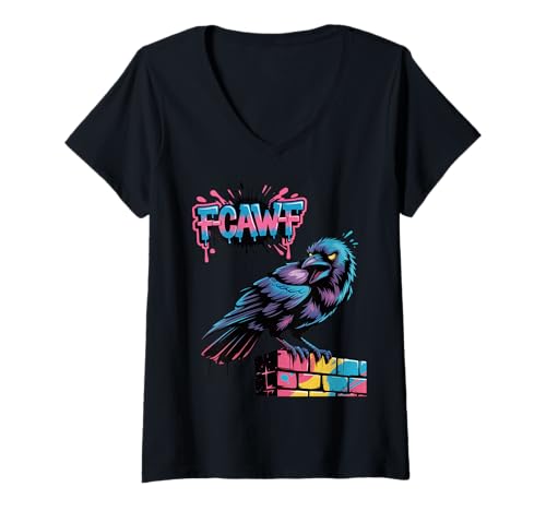 Damen F-CAW-F Graffiti Crow Unhöflich Lustig Humor Streetwear Design T-Shirt mit V-Ausschnitt Damen F-CAW-F Graffiti Crow Unhöflich Lustig Humor Streetwear Design T-Shirt mit V-Ausschnitt von Graffiti f-caw-f Angry Crow Humour Halloween