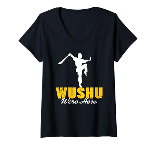 Damen Wushu Kampfkunst Humor Krieger Pose Druck T-Shirt mit V-Ausschnitt Damen Wushu Kampfkunst Humor Krieger Pose Druck T-Shirt mit V-Ausschnitt von Grafik Humorvolle Kampfbewegung Ausdruck