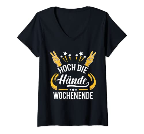 Damen Lustiges Party Mallorca Feier Hoch Die Hände Wochenende T-Shirt mit V-Ausschnitt Damen Lustiges Party Mallorca Feier Hoch Die Hände Wochenende T-Shirt mit V-Ausschnitt von Grafikfreak Party Feier Mallorca
