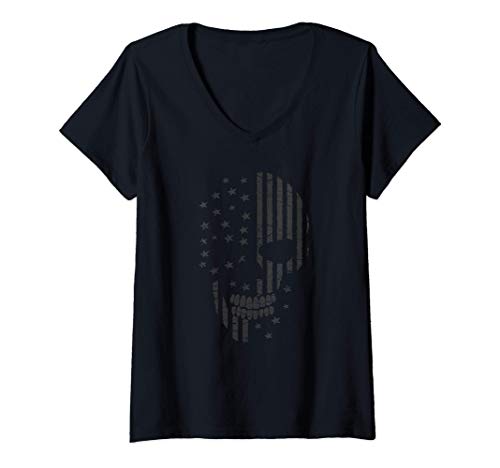 Damen Großer Totenkopf distressed | Skull in Linien und Sternen T-Shirt mit V-Ausschnitt Damen Großer Totenkopf distressed | Skull in Linien und Sternen T-Shirt mit V-Ausschnitt von Grafische extravagante Skulldesigns für Gothic